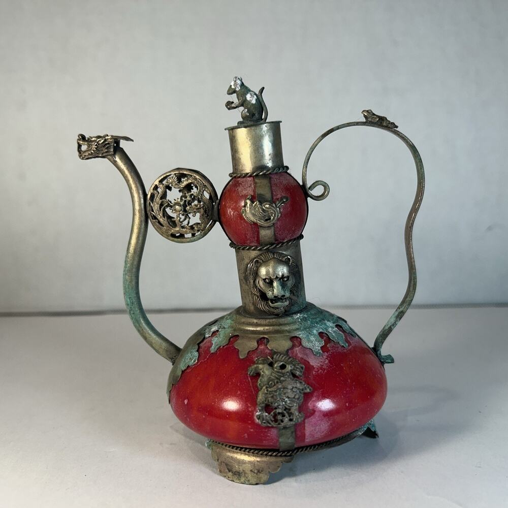 Vintage Tibetan Teapot with Patina | Metal Animal Decor | Marked Base
